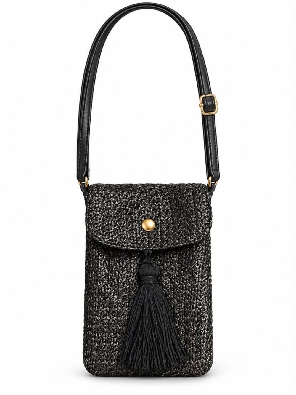 Black Woven Crossbody Phone Bag with Tassel